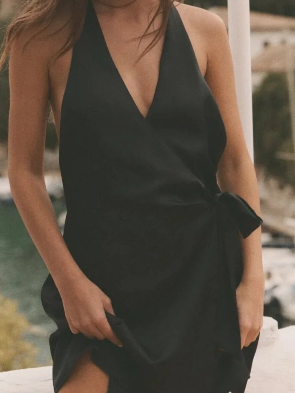 Satin Effect Halter Wrap Mini Dress In Black - M